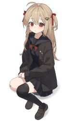 Rule 34 | 1girl, ahoge, asymmetrical legwear, badge, bandaid, bandaid on knee, bandaid on leg, black cardigan, black sailor collar, black serafuku, black shoes, black skirt, black thighhighs, blush, bow, bowtie, broken heart, broken heart hair ornament, brown hair, button badge, cardigan, commentary, commission, english commentary, evil neuro-sama, full body, hair between eyes, hair ribbon, heart, highres, karyln, loafers, long hair, looking at viewer, neuro-sama, own hands together, pleated skirt, red bow, red bowtie, red eyes, red ribbon, ribbon, sailor collar, school uniform, second-party source, serafuku, shoes, simple background, single thighhigh, sitting, skirt, sleeves past wrists, thighhighs, two side up, uneven legwear, vedal ai, virtual youtuber, white background