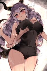... 1girl arknights black_horns breasts cleavage grabbing_another&#039;s_breast grabbing_from_behind groping highres horns kyuu_(plastic_night_q) large_breasts long_hair looking_at_viewer purple_eyes purple_hair solo_focus spoken_ellipsis sweat typhon_(arknights) very_long_hair