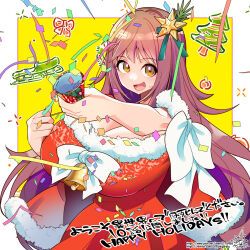 1girl :d bell blush border bow breasts brown_hair capelet chest_bow christmas_ornaments christmas_tree cleavage confetti dress fur-trimmed_capelet fur-trimmed_dress fur_trim hair_between_eyes highres huge_breasts long_hair looking_at_viewer merry_christmas open_mouth original party_popper pixiv_id pixiv_username red_bow red_capelet red_dress santa_costume santa_dress signature sleigh smile solo streamers teeth tongue translation_request twitter_username two-tone_background umigarasu_(kitsune1963) very_long_hair white_border white_bow yellow_background yellow_eyes