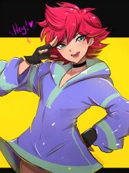 Rule 34 | 1girl, 2020, arm up, bare legs, black background, black choker, black eyes, blue hoodie, blush, border, breasts, choker, commentary, english commentary, english text, female focus, flipped hair, hair between eyes, hand on own hip, head tilt, heart, highres, hood, hoodie, kumatora, long sleeves, looking at viewer, medium hair, mother (series), mother 3, nintendo, omiza somi, outside border, pink hair, salute, simple background, small breasts, solo, spiked hair, standing, thighs, two-finger salute, v-shaped eyebrows, yellow background