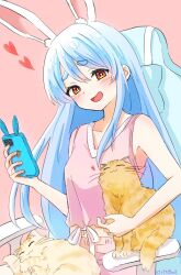 1girl :d animal animal_ear_fluff animal_ears bare_arms bare_shoulders blush breasts cat chair closed_eyes closed_mouth collarbone commentary heart highres holding holding_phone hololive kiritoma office_chair on_chair open_mouth phone phone_with_ears pink_background pink_shirt pink_shoes rabbit-shaped_pupils rabbit_ears red_eyes shirt shoes short_eyebrows simple_background sitting sleeveless sleeveless_shirt small_breasts smile solo swivel_chair symbol-shaped_pupils thick_eyebrows usada_pekora virtual_youtuber