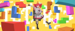 1girl ahoge arm_up black_boots black_skirt black_sleeve_cuffs blush boots bow dress drill_hair flat_chest grey_skirt hair_between_eyes hair_bow hair_ribbon hand_up highres kasane_teto kasane_teto_(sv) kneehighs layered_skirt layered_sleeves leg_up long_sleeves looking_at_viewer microdress midriff_peek open_mouth outstretched_arm red_eyes red_hair red_skirt ribbon rikyuu_dayo shoulder_boards simple_background skirt skirt_set socks solo standing standing_on_one_leg synthesizer_v tetoris_(synthesizer_v) tetris twin_drills utau white_bow white_ribbon yellow_background