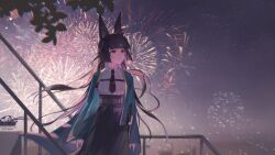 1girl absurdres aerial_fireworks animal_ear_fluff animal_ears aqua_jacket black_hair black_necktie black_skirt blunt_bangs chen_cangqi collared_shirt fireworks fox_ears fox_girl high-waist_skirt highres hoshimi_miyabi jacket katana long_hair necktie night open_clothes open_jacket outdoors red_eyes shirt skirt sword weapon white_shirt zenless_zone_zero
