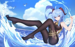 1girl absurdres ahoge bell bird blue_hair blue_sky blush breasts brown_pantyhose cloud feet full_body ganyu_(genshin_impact) genshin_impact gold_trim highres horns jewelry legs lml long_hair long_legs looking_at_viewer medium_breasts neck_bell no_gloves no_shoes ocean panties panties_under_pantyhose pantyhose purple_eyes sidelocks sky sleeveless soles solo thighlet underwear water wavy_mouth wet white_panties
