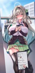 1boy 1girl absurdres against_railing aqua_skirt bag black_gloves black_hairband black_jacket black_thighhighs blush breasts caelus_(honkai:_star_rail) cellphone chinese_text closed_mouth collared_shirt fingerless_gloves firefly_(honkai:_star_rail) gloves gradient_hair green_pupils grey_hair hair_between_eyes hair_ornament hair_ribbon hairband handbag highres holding holding_phone honkai:_star_rail honkai_(series) huge_breasts jacket loose_clothes multicolored_eyes multicolored_hair neck_ribbon phone pink_lips pout railing ribbon ribbon-trimmed_skirt ribbon_trim shirt skirt smartphone thighhighs trailblazer_(honkai:_star_rail) tufang two-tone_eyes white_shirt