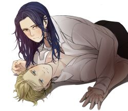 Rule 34 | 2boys, black pants, blonde hair, blue eyes, blue hair, blush, closed mouth, collarbone, collared shirt, commentary, dimitri alexandre blaiddyd, english commentary, felix hugo fraldarius, fingernails, fire emblem, fire emblem: three houses, hair behind ear, hair down, highres, holding hands, interlocked fingers, long sleeves, lying, lying on another, male focus, multiple boys, nintendo, on back, open clothes, open shirt, orange eyes, pants, plaemon, sanpaku, shirt, short hair, simple background, smile, upper body, white background, white shirt, yaoi