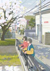 2girls absurdres against_railing bird black_shoes blue_jacket brown_hair building can cherry_blossoms closed_eyes closed_mouth cloud commentary_request crosswalk fence glasses hayashi_naoyuki highres holding holding_can jacket light_blush multicolored_jacket multiple_girls open_mouth original outdoors people pet_walking power_lines print_shirt railing red_shirt road round_eyewear scenery shirt shoes short_hair skirt sky smile spring_(season) standing town tree two-tone_jacket utility_pole white_shirt white_skirt yellow_jacket