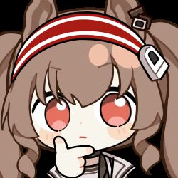 1girl :| angelina_(arknights) animal_ears animated animated_gif arknights black_choker blinking blush brown_hair chinese_commentary choker chunye_haruya closed_mouth coat commentary_request dot_nose earpiece fox_ears hair_between_eyes hairband hand_on_own_chin infection_monitor_(arknights) long_hair looking_at_viewer lowres open_clothes open_coat red_eyes red_hairband second-party_source solo striped_clothes striped_hairband stroking_own_chin thinking transparent_background twintails two-tone_hairband upper_body white_coat