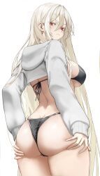 1girl absurdres artist_request ass back bikini black_bikini blonde_hair breasts bright_pupils closed_mouth commentary_request cropped_hoodie from_behind hands_on_own_ass highleg highleg_bikini highres hood hoodie korean_commentary large_breasts lethe_rin long_hair looking_back original red_eyes second-party_source simple_background solo standing swimsuit very_long_hair white_background white_hoodie white_pupils
