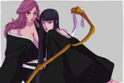 2girls black_eyes black_hair black_kimono bleach bleach:_sennen_kessen-hen blunt_bangs breasts cleavage closed_mouth collarbone commentary_request cowboy_shot curly_hair eyebrows_hidden_by_hair grey_background hair_down highres hikifune_kirio japanese_clothes kimono large_breasts long_hair long_sleeves looking_at_viewer looking_back mature_female mechanical_arms multiple_girls parted_lips polka_dot polka_dot_background purple_eyes purple_hair red_lips shutara_senjumaru simple_background single_bare_shoulder sitting straight_hair strikek-lvvjm27 tsurime undressing_another very_long_hair wide_sleeves yuri