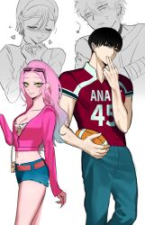 2boys 2girls alien_stage american_football american_football_uniform anger_vein animal_print bag ball belt black_eyes blue_hair blue_pants blue_shorts blush bra brown_belt chinese_commentary closed_eyes commentary_request cropped_hoodie ear_piercing earrings gradient_hair hairband heart heart_hands highres holding holding_ball hood hoodie ivan_(alien_stage) jersey jewelry leopard_print mizi_(alien_stage) multicolored_hair multiple_boys multiple_girls official_alternate_costume one_eye_closed pants piercing pink-framed_eyewear pink_hair pink_hoodie red_shirt shirt short_hair short_sleeves shorts shoulder_bag sportswear sua_(alien_stage) sunglasses till_(alien_stage) tina15668 two-tone_hair underwear very_short_hair white_bra yellow_eyes
