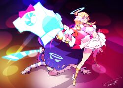 Rule 34 | 2girls, absurdres, blonde hair, halo, high heels, highres, holding, holding sword, holding weapon, katana, long hair, looking at viewer, multiple girls, panties, panty &amp; stocking with garterbelt, panty (psg), purple hair, slim (sl1m skull), stocking (psg), sword, underwear, unworn panties, very long hair, weapon, wings