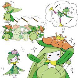 2girls =_= afterimage arms_up blush blush_stickers closed_eyes colored_sclera colored_skin crown dancing female_focus flat_chest flower flying_sweatdrops full_body gen_5_pokemon green_hair green_skin hair_flower hair_ornament hisuian_lilligant imagining jumping leg_up lilligant long_hair looking_at_another mini_crown monster_girl monya motion_lines multicolored_skin multiple_girls nintendo no_mouth notice_lines orange_flower orange_sclera outstretched_arms own_hands_together pink_flower plant_girl pokemon pokemon_(creature) purple_sclera short_hair sidelocks simple_background sparkle speech_bubble standing standing_on_one_leg thought_bubble very_long_hair waving_arms white_background white_eyes white_skin yellow_crown