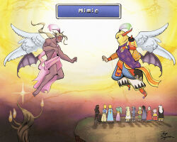3girls 6+boys angel_wings black_hair blonde_hair cefca_palazzo celes_chere cliff copying cyan_garamonde demon_wings dog edgar_roni_figaro facepaint final_fantasy final_fantasy_vi gau gogo green_hair hair_ribbon highres interceptor_(ff6) locke_cole mimic multiple_boys multiple_girls ninja ponytail relm_arrowny ribbon sabin_rene_figaro setzer_gabbiani shadow_(ff6) strago_magus tayasigerson tina_branford white_hair wings