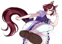 1girl animal_ears bow bowtie brown_hair brown_shoes eyepatch grin hand_up hi_(ibisf5umauma) horse_ears horse_girl horse_tail incoming_kick motion_blur multicolored_hair puffy_short_sleeves puffy_sleeves purple_bow purple_bowtie purple_shirt sailor_collar school_uniform shirt shoes short_hair short_sleeves skirt smile solo standing standing_on_one_leg streaked_hair tail tanino_gimlet_(umamusume) teeth thighhighs tracen_school_uniform twitter_username umamusume w white_background white_skirt white_thighhighs yellow_eyes