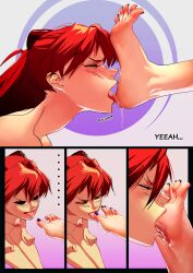 absurdres breasts closed_eyes clothed_female_nude_female completely_nude domination feet femdom foot_focus foot_worship highres katsuragi_misato l_mould licking_foot licking_toes neon_genesis_evangelion nipples nude red_hair soles souryuu_asuka_langley toe_sucking underwear yuri