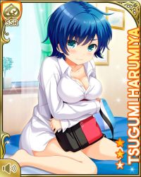 1girl bag bed bedroom blue_hair bottomless breasts card_(medium) character_name closed_mouth day female_focus girlfriend_(kari) harumiya_tsugumi holding holding_bag hug indoors kneeling long_sleeves looking_at_viewer official_art qp:flapper red_eyes shirt short_hair sleeves_past_wrists solo sunlight tagme unbuttoned upset v-shaped_eyebrows white_shirt