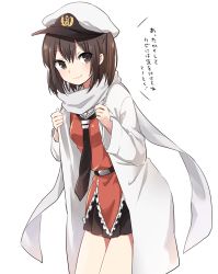 10s 1girl brown_eyes brown_hair commentary_request female_focus hat ica kantai_collection necktie scarf sendai_(kancolle) sendai_kai_ni_(kancolle) short_hair simple_background skirt solo translated white_background