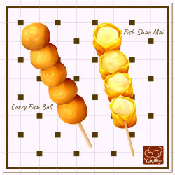 artist_logo artist_name border brown_border english_text fish_(food) fish_ball food_focus food_name grid_background logo no_humans original signature skewer still_life white_background yuki00yo