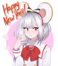 Rule 34 | 1girl, :3, animal ears, bow, buttons, chinese zodiac, closed mouth, fake animal ears, gallaxi, granblue fantasy, hair bow, hairband, hand up, happy new year, looking to the side, medium hair, mouse ears, new year, pink eyes, red bow, shirt, smile, solo, upper body, vikala (granblue fantasy), white hair, white shirt, wide sleeves, year of the rat