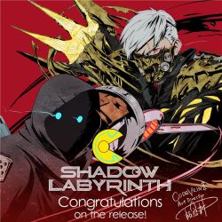 Rule 34 | 1boy, 1other, black hoodie, code vein, code vein ii, commentary, crossover, english commentary, english text, glowing, glowing eyes, hood, hoodie, long sleeves, mask, mouth mask, official art, red background, red eyes, shadow labyrinth, short hair, signature, white hair