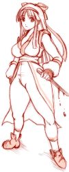 Rule 34 | 1girl, absurdres, ainu clothes, alternate breast size, blood, breasts, cleavage, hair ribbon, highres, knife, large breasts, long hair, monochrome, msize, nakoruru, pants, ribbon, samurai spirits, snk, solo, standing, strong woman, tall female, thick thighs, thighhighs, thighs, weapon