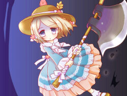 1girl axe blue_dress capelet dress emil_chronicle_online flat_chest flower flower_ornament frilled_dress frills grey_eyes hair_flower hair_ornament hat holding holding_axe holding_weapon kurosaki_yomi looking_at_viewer ribbon starler_alma straw_hat weapon white_capelet white_ribbon