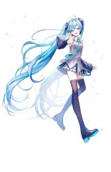 1girl absurdres aqua_eyes aqua_hair aqua_nails aqua_necktie black_skirt blush boots breasts commentary detached_sleeves grey_shirt hair_between_eyes hair_ornament hatsune_miku highres long_hair long_sleeves medium_breasts miniskirt necktie open_mouth pipi_(pipinavigation) pleated_skirt shirt skirt sleeveless sleeveless_shirt smile solo thigh_boots thighhighs twintails very_long_hair vocaloid white_background wide_sleeves zettai_ryouiki