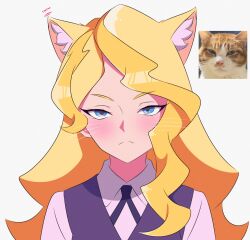 Rule 34 | 1girl, animal, animal ear fluff, animal ears, blizzard (b1iz4rd), blonde hair, blue eyes, cat, cat ears, cat girl, closed mouth, collared shirt, diana cavendish, fang, frown, highres, little witch academia, looking at viewer, luna nova school uniform, photo inset, portrait, school uniform, shirt, simple background, solo, twitching, unamused, upper body, whiskers, white background