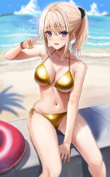 1girl bare_shoulders beach bikini blonde_hair blush breasts cleavage commentary_request day gyaru halterneck highres inflatable_toy kaede_(yukemuriganmo) kogal looking_at_viewer medium_breasts midriff navel ocean original outdoors ponytail purple_eyes short_ponytail side-tie_bikini_bottom sitting skindentation string_bikini swimsuit v yukemuriganmo