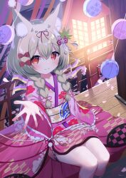 1girl animal_ear_fluff animal_ears blush bow braid closed_mouth collarbone commentary_request frilled_sleeves frills hair_between_eyes hair_bow hair_over_shoulder hanamura_lily highres japanese_clothes kimono lantern long_hair long_sleeves looking_at_viewer low_twintails nail_polish obi original petals petals_on_liquid pink_kimono red_bow red_eyes red_nails sash siera_(sieracitrus) sitting sleeves_past_wrists smile soaking_feet solo star_(symbol) star_in_eye symbol_in_eye twin_braids twintails water wide_sleeves