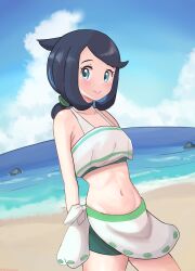 1girl aqua_eyes arm_behind_back bare_shoulders bikini black_hair blue_sky blush breasts closed_mouth collarbone highres liko_(pokemon) medium_breasts midriff navel nintendo pokemon pokemon_(anime) pokemon_horizons ponytail short_hair sky smile solo swimsuit thedarkestuno white_bikini