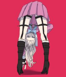 1girl absurdres belt bent_over blonde_hair blue_eyes blue_ribbon boots danganronpa_(series) danganronpa_v3:_killing_harmony fingerless_gloves from_behind gloves goggles goggles_on_head grin high_heel_boots high_heels highres iruma_miu krmtknkoo1582 long_hair long_sleeves looking_at_viewer looking_through_own_legs multiple_belts o-ring o-ring_belt pink_background pink_serafuku pink_skirt pleated_skirt ribbon school_uniform serafuku shirt skirt smile solo standing teeth thigh_belt thigh_strap upside-down v