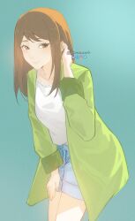 1girl absurdres aqua_background blue_shorts breasts brown_eyes brown_hair commentary cowboy_shot green_jacket hand_on_own_thigh hand_up highres jacket knowname leaning_forward long_hair long_sleeves looking_at_viewer medium_breasts open_clothes open_jacket parted_lips shirt shorts simple_background smile solo to_be_hero to_be_hero_x tucking_hair twitter_username white_shirt xia_qing_(to_be_hero_x)