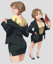 1girl ass belt black_footwear black_jacket breasts brown_eyes brown_hair choker cleavage commentary english_commentary feguimel folder full_body grey_background hand_on_own_hip high_heels highres holding holding_folder jacket large_breasts long_sleeves multiple_views office_lady open_clothes open_jacket original pencil_skirt removing_jacket shirt signature skirt yellow_shirt