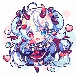1girl :d ahoge bandaged_arm bandaged_leg bandages bandaid bandaid_on_knee bandaid_on_leg bare_shoulders black_boots black_choker black_ribbon blue_eyes blue_hair blunt_bangs blush boots candy chibi chibi_only choker collarbone commentary food frilled_skirt frills full_body hair_ornament hair_ribbon heart heart-shaped_food heart-shaped_lollipop heart-shaped_pupils heterochromia holding holding_candy holding_food holding_lollipop horns hyou_(pixiv3677917) lollipop long_hair looking_at_viewer necktie off-shoulder_shirt off_shoulder open_mouth original pill red_eyes red_horns red_necktie red_skirt red_socks ribbon shaped_lollipop shirt skirt skull-shaped_pupils smile socks solo standing standing_on_one_leg symbol-only_commentary symbol-shaped_pupils twintails very_long_hair watermark white_background white_shirt x_hair_ornament