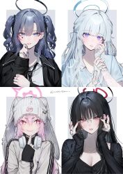 4girls absurdres adjusting_eyewear aegyo_sal alternate_costume animal_ear_headwear arm_warmers beanie bespectacled black_hair black_halo black_jacket black_nails black_necktie black_sweater blue_archive blue_halo blue_shirt blush breasts cleavage closed_mouth collared_shirt commentary ear_piercing english_commentary facial_mark fake_animal_ears glasses hair_between_eyes halo hands_on_eyewear hat headphones headphones_around_neck heart heart_facial_mark highres index_finger_raised jacket jewelry kamiyama_sumu koyuki_(blue_archive) long_hair looking_at_viewer multiple_girls multiple_rings necklace necktie noa_(blue_archive) parted_lips piercing pink_halo pink_nails purple_eyes purple_hair red_eyes ring rio_(blue_archive) shirt sidelocks smile sweater two_side_up white_arm_warmers white_hair white_hat white_jacket white_nails white_shirt yuuka_(blue_archive)