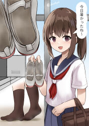 1girl absurdres brown_eyes brown_hair feet highres holding holding_shoes holding_unworn_clothes light_blush long_hair looking_at_viewer meronlime open_mouth ponytail school_uniform serafuku shoes socks steam translated unworn_shoes uwabaki