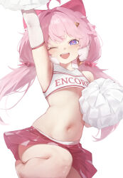 1girl absurdres ahoge arm_up armpits blush bow character_name cheerleader crop_top cross-shaped_pupils elbow_gloves encore_(wuthering_waves) gloves hair_bow hair_ornament highres leg_up long_hair looking_at_viewer low_twintails midriff navel one_eye_closed open_mouth pink_hair pleated_skirt pom_pom_(cheerleading) purple_skirt simple_background skindentation skirt solo symbol-shaped_pupils teeth twintails upper_teeth_only white_background white_gloves wuthering_waves xaea_xp