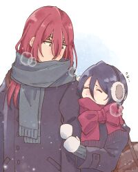 1boy 1girl ^_^ abarai_renji alternate_costume arm_hug bag black_coat black_hair bleach blush bow breath brown_bag brown_eyes closed_eyes coat cold commentary contemporary couple double-parted_bangs enpera eyebrows_hidden_by_hair facing_another forehead_tattoo fringe_trim gloves grey_scarf hair_between_eyes hair_down handbag headphones hetero highres hug kuchiki_rukia long_hair long_sleeves looking_at_another looking_down nose_blush outdoors pink_bow pink_scarf red_hair rinner373 scarf scarf_bow short_eyebrows short_hair simple_background sleeves_past_wrists snowing translated upper_body white_background white_gloves wide_sleeves winter winter_clothes