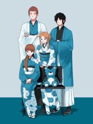 2boys 2girls alternate_costume alternate_hairstyle aqua_coat aqua_sandals aqua_theme bench black_footwear black_hair black_kimono black_socks blue_coat blue_eyes blue_footwear blue_kimono blue_theme blunt_bangs blush brown_hair coat crossed_arms earrings floral_print full_body grey_background hair_bun hair_over_shoulder hakama haori_himo highres japanese_clothes jewelry karasuma_kyousuke kimono kizaki_reiji konami_kirie light_brown_hair long_hair long_sleeves looking_at_viewer multiple_boys multiple_girls obi ponytail red_hair rindou_yuri rism02682 sandals sash short_hair single_hair_bun sitting socks standing stuffed_animal stuffed_tiger stuffed_toy tabi updo white_coat white_footwear white_hakama white_kimono white_socks wide_sleeves world_trigger zouri