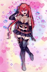 @_@ absurdres belly belt boots bow bra breasts choker creator_erin fang fangs findom fishnet_top fishnets full_body garter_belt garter_straps gloves heart highres hypnosis legs medium_breasts mind_control open_mouth pantyhose petite ponytail purple_eyes red_hair salute skirt spiral underwear