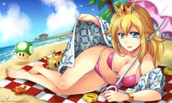 1-up_mushroom 1girl 1up arm_support barefoot beach beach_towel bikini bird blonde_hair blue_eyes bracelet breasts cleavage cloud coin collarbone crab crown day earrings feet female_focus jewelry large_breasts lipstick long_hair looking_at_viewer lying makeup mario_(series) mushroom navel nintendo on_side palm_tree parasol pink_bikini princess_peach seagull shine_sprite shiny_skin sky solo songwut_ouppakarndee super_mario_sunshine swimsuit thigh_gap toes towel tree umbrella watermark