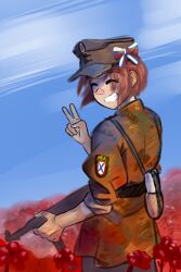 1girl absurdres blue_sky bow brown_hair canteen closed_eyes field flower fluffkaiser green_hat green_shirt grey_pants gun hat highres holding holding_gun holding_weapon mp40 multicolored_bow original pants poppy_(flower) russian_liberation_army shirt short_hair short_sleeves sky sleeves_rolled_up smile solo submachine_gun v weapon world_war_ii