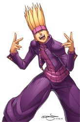 Rule 34 | 1boy, blonde hair, highres, justice gakuen, male focus, omar dogan, signature, solo, spiked hair, tongue, v, yamada eiji