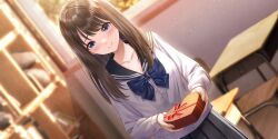 Rule 34 | 1girl, black sailor collar, black skirt, blue bow, blue reflection (series), blue reflection sun, blush, bow, box, brown hair, cabinet, chair, classroom, closed mouth, collarbone, desk, dutch angle, evening, game cg, heart-shaped box, highres, holding, holding box, incoming gift, indoors, kasuga shiho, kishida mel, long hair, long sleeves, looking at viewer, non-web source, official art, pleated skirt, purple eyes, red ribbon, ribbon, sailor collar, school desk, school uniform, serafuku, skirt, smile, solo, swept bangs, valentine, window, wooden chair, wooden desk, wooden floor