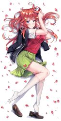 1girl 5hibu05 absurdres ahoge black_jacket blazer blue_eyes blush breasts brown_shoes closed_mouth clothes_down feet full_body go-toubun_no_hanayome green_skirt hair_ornament hands_up highres jacket large_breasts loafers long_hair looking_at_viewer loose_thighhigh lying nakano_itsuki on_side petals pleated_skirt red_hair red_sweater_vest school_uniform shirt shoes short_sleeves signature simple_background skirt solo star_(symbol) star_hair_ornament sweater_vest thighhighs thighs unworn_shoes white_background white_shirt white_thighhighs winter_uniform