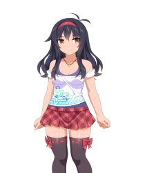 1girl antenna_hair black_hair black_thighhighs detached_sleeves hairband jewelry mitsuki_(sakura_cupid) necklace official_art plaid_clothes red_hairband red_ribbon ribbon sakura_cupid smile sprite thighhighs wanaca