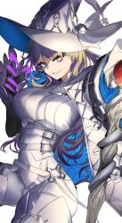 1girl absurdres belt blonde_hair blue_eyes bodysuit breasts diabellze_the_original_sinkeeper duel_monster ganesagi grin hat highres holding holding_staff large_breasts long_hair looking_at_viewer multicolored_hair purple_hair smile solo staff streaked_hair white_bodysuit white_hat witch witch_hat yu-gi-oh!