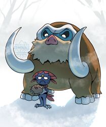 angry artist_logo atom_palace commentary creatures_(company) english_commentary fleur-de-lis flying_teardrops frown full_body game_freak gen_2_pokemon gen_4_pokemon highres holding holding_pokemon logo mamoswine nintendo no_humans pokemon pokemon_(creature) sweatdrop swinub tusks weavile